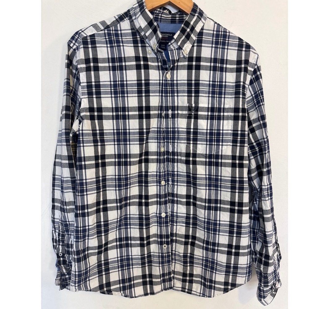 American Eagle Mens Athletic Fit Plaid Button Down Shirt Navy White M